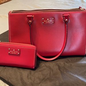Cherry red Kate Spade satchel and wallet